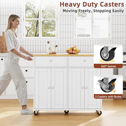 SUNLEI Kitchen Island with Storage, Kitchen Island on Wheels with Drop Leaf, Rolling Kitchen Island Cart with Cabinet and Drawers, Mobile Kitchen Storage Cart for Dining Room, White