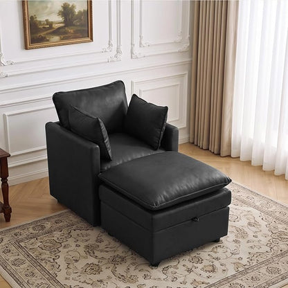 30" Black Faux Leather Storage Sofa Chair, Single Accent Chair with Ottoman | Modern Upholstered Deep Seat Sofa Chair, Comfort for Reading, Lounging, and Small spaces, Armchair for Living Room, Bedroom