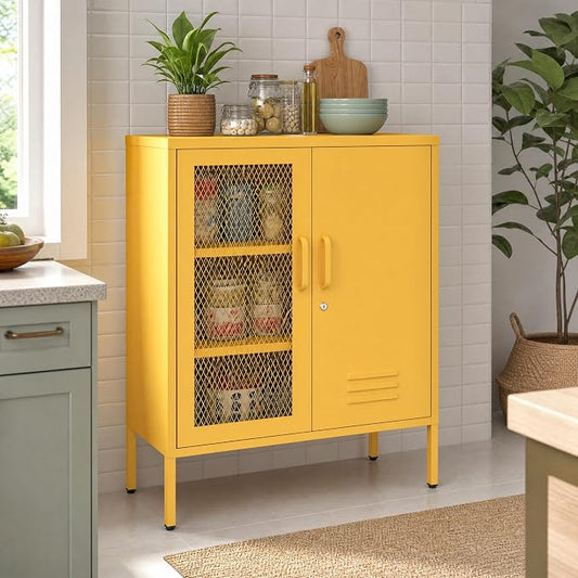 Yellow Lockable Metal Storage Cabinet, Multi-Functional Locker with Adjustable Shelf,Metal Double Door Sideboard for Kitchen Home Office Size：33" H X 29.5" W X 13.8" D