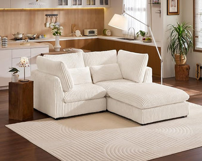 115" Oversized Corduroy Couch Modular Sectional Sofa, Washable Cloud Couch Sectional with Ottoman, 4 Seater Sectional Couches for Living Room, Fully Cover Removable, L Shaped, Plush Corduroy, White