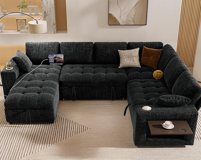 Vipbear 111" Modular Sectional Sleeper Sofa with Pull Out Bed, 7 Seat Chenille L Shaped Couch with Storage Chaise|USB Ports|Cup Holders|Side Table|LED Light, Tool Free Assembly, Black