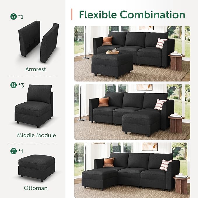 HONBAY Modular Sectional Sofa with Storage L Shaped Sectional Sofa, Convertible Couches for Living Room - Linen Grey