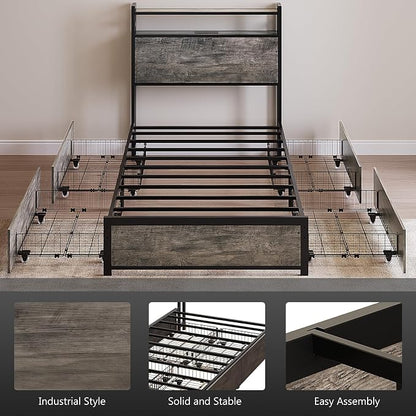 VINGLI Bed Frame Twin Size with 4 Storage Drawers and Headboard, Metal Platform Bed with Charging Station and RGB LED Lights, No Box Spring Needed, Noise Free, Easy Assembly, Wash Grey