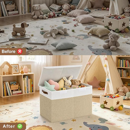 Bagnizer Large Toy Storage Box with Lids, Collapsible Sturdy Baby Storage Organizer Chest Bin Basket for Kids, Boys, Girls, Playroom, Nursery, Bedroom, Closet 25"x13"x16" (Beige and White)