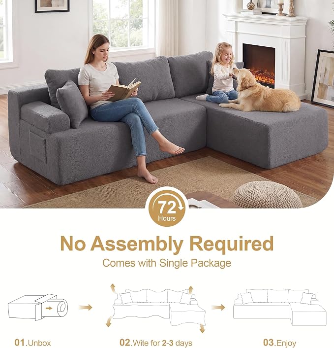 Hobestluk Modular Sectional Sofa Couches L-Shape Couch 3 Seat Modular Sofa Memory Foam Sectional Couches for Living Room, Cloud Couch with Oversized Chaise (Grey Smooth, 96", Right Hand Facing)
