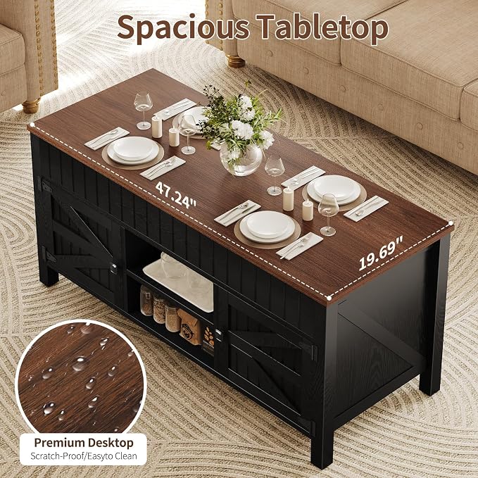 47.3" Lift Top Coffee Table with Storage - Black Coffee Tables for Living Room, Farmhouse Wood Center Table, Large Rectangle Middle Tables with Hidden Compartment & Adjustable Shelf