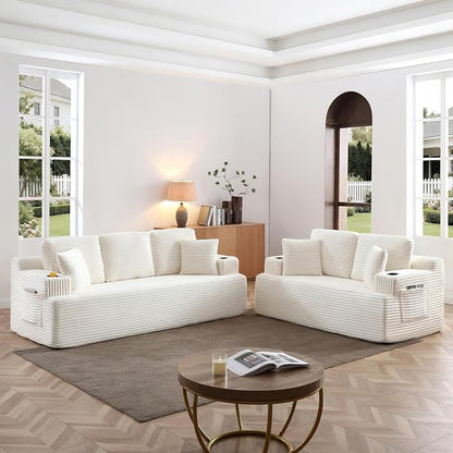 Boneless Sofa Couch Set with Cup Holders & Side Pockets, Modern Corduroy Fabric Upholstered 3-seat Couch & Loveseat Set with 4 Throw Pillows for Living Room, Office, No Assembly (Beige)