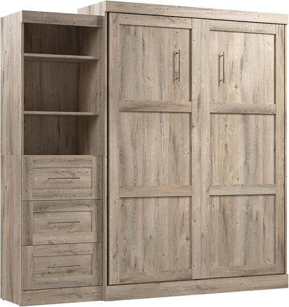 Bestar Pur Queen Murphy Bed with Shelving Unit, 90-inch Space-Saving Sleeping Arrangement for Multipurpose Room in Rustic Brown