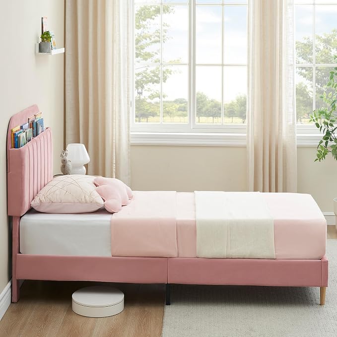 IDEALHOUSE Full Bed Frames, Upholstered Platform Bed Frame with Bookcase Headboard, Velvet Platform Bed Mattress Foundation, Heavy Duty Steel Support Legs, Easy Assembly, Noise Free, Light Pink