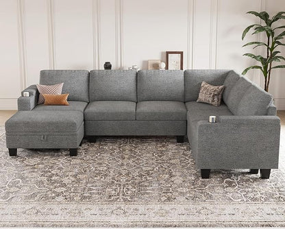 Belffin Chenille Modular Sectional Sofa Convertible L Shaped Corner Couches for Living Room with Storage Armrest with Cup Holder Light Grey Couch