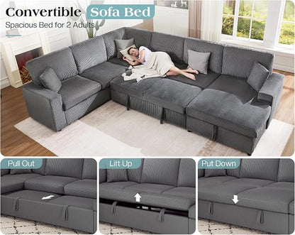 VanAcc 130" Sofa Bed, Sectional Sleeper Sofa with Pull Out Bed, Sleeper Couch for Living Room, 6 Seater Couch with Storage, Corduroy Grey