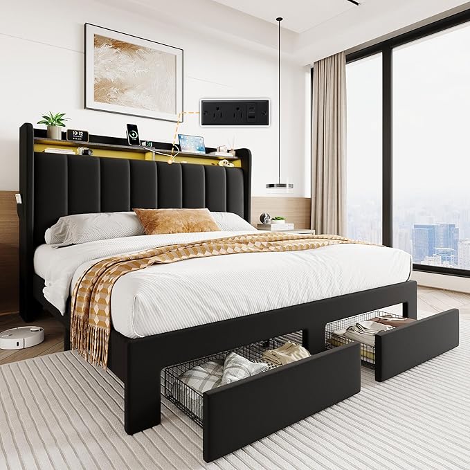 SHA CERLIN Velvet Queen Bed Frame with Vertical Channel Tufted Wingback Headboard & 2 Storage Drawers/2-Tier Shelves with LED Lights & Charging Station/Noise-Free/No Box Spring Needed/Black