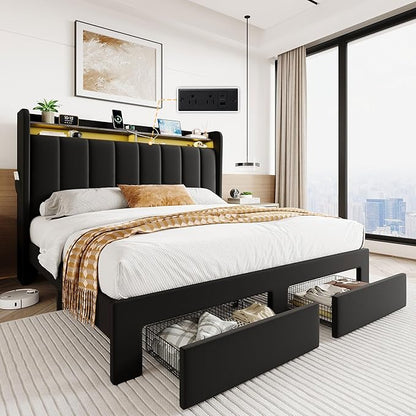 SHA CERLIN Velvet Queen Bed Frame with Vertical Channel Tufted Wingback Headboard & 2 Storage Drawers/2-Tier Shelves with LED Lights & Charging Station/Noise-Free/No Box Spring Needed/Black
