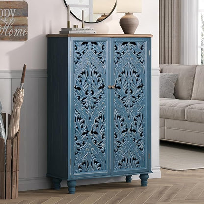 JOINICE 47" Tall Accent Cabinet with Carved Doors & Storage for Living Room | Vertical Storage for Dining Room,Bedroom, Carved Floral Design, Walnut Finish Top, Farmhouse/Rustic Style, Adjustable Shelves