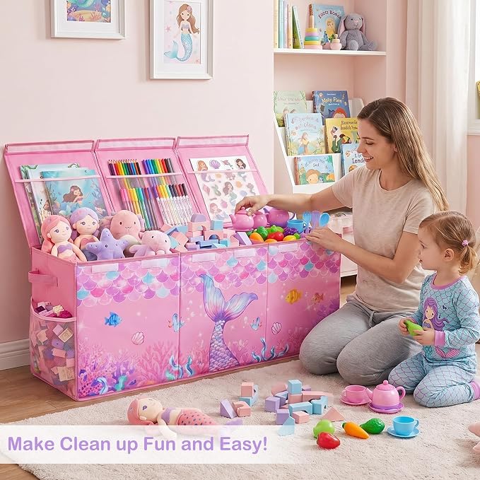 Unicorn Castle Toy Box with Adjustable Divider Toy Chest Storage Large Toy Storage Organizer Bin Collapsible with Lid Pockets for Nursery Playroom,Pink Purple Mermaid
