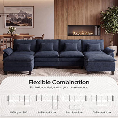 URRED Oversized Modular Sectional Sofa, 157" U Shaped Modern Comfy Cloud Couch with Movable Ottoman & Pillows, Deep Seat Couches for Living Room, Bedroom or Apartment (Corduroy Blue, 157" U Shaped)