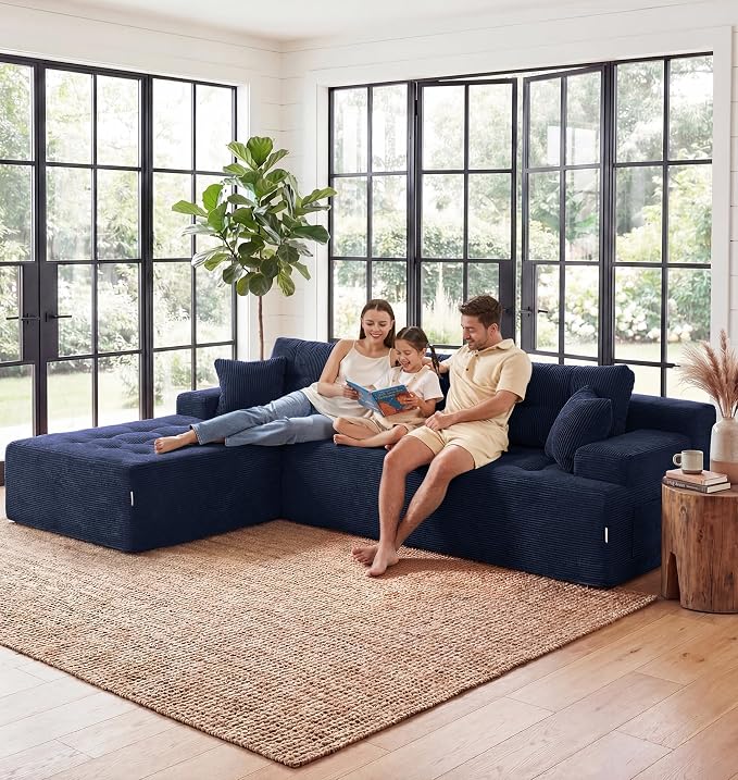 Hobestluk Modular Sectional Sofa Couches L-Shape Couch 3 Seat Modular Sofa Memory Foam Sectional Couches for Living Room, Cloud Couch with Oversized Chaise (Dark Blue Corduroy, 108", Left Hand Facing)