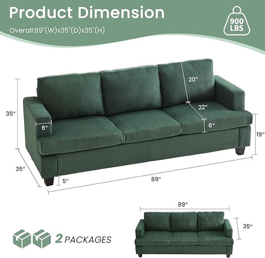 YOUDENOVA Sofa, 89" 3-Seater Deep Seat Sofa, Modern Comfy Couches for Living Room Apartment Lounge, Green Corduroy