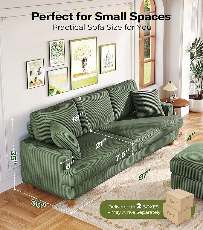 Kidirect 87in L Shaped Couch, Modular Sofa No Tool Assembly, Comfy Sectional Couches for Living Room 21" Deeper Seats, Corduroy Sofas for Living Room &2 Pillows, Loveseat Sofa Set, Oliver Green Couch