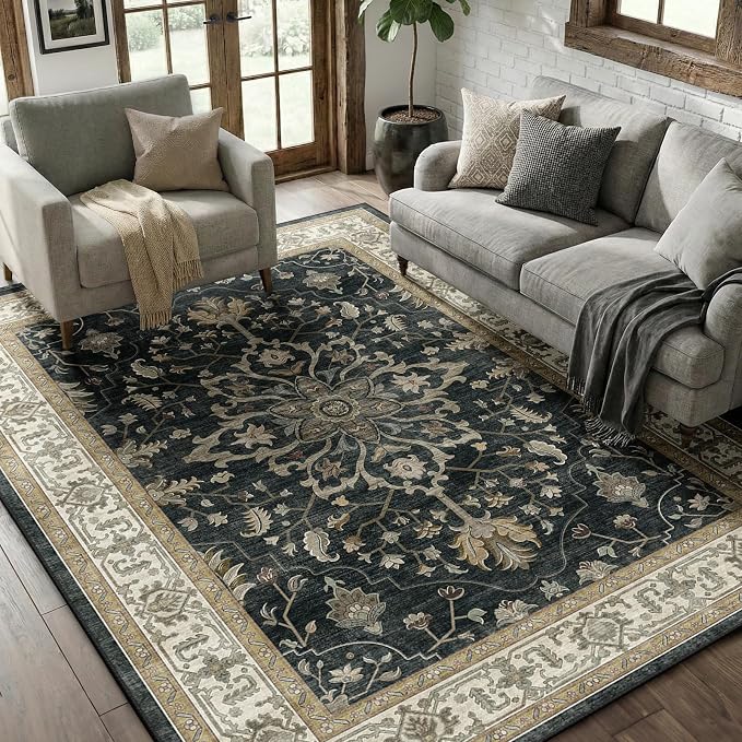 RELEANY Area Rugs 5'x7' Washable Non-Slip, Floral Vintage Distress Medallion Carpet for Living Room Bedroom Dining Room, Vintage Black Brown Neutral