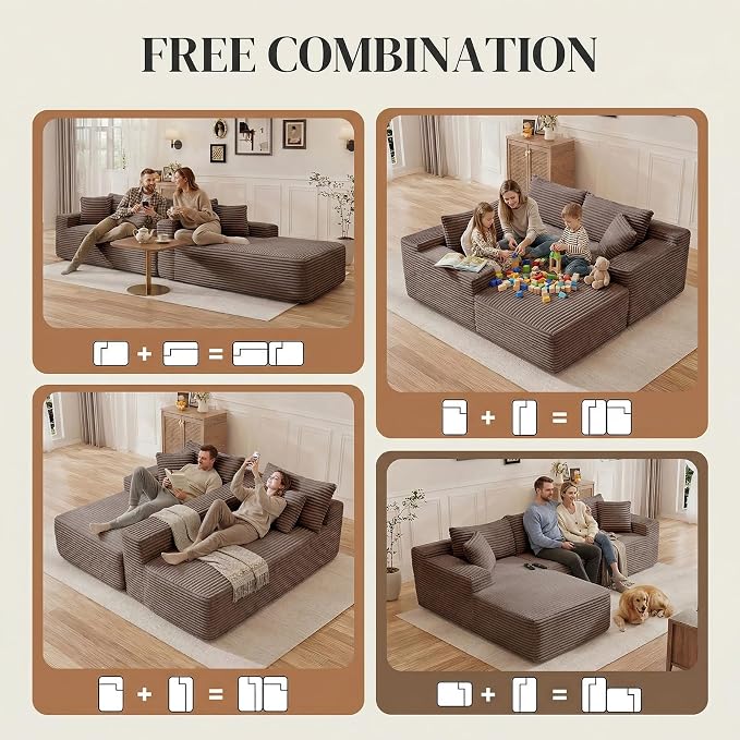 95" L Shaped Cloud Boneless Sectional Couches for Living Room, Modern Comfy Modular Deep Seat Memory Foam Compressed Corduroy Sofa Oversized Left Facing Chaise, No Assembly Required, Brown