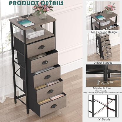 sthmec Nightstand with Charging Station,LED Grey Nightstand with 5 Fabric Drawers, Bedside End Tables, 2-Tier Open Storage Shelf Side Table Nightstand with Drawers for Bedroom, Grey