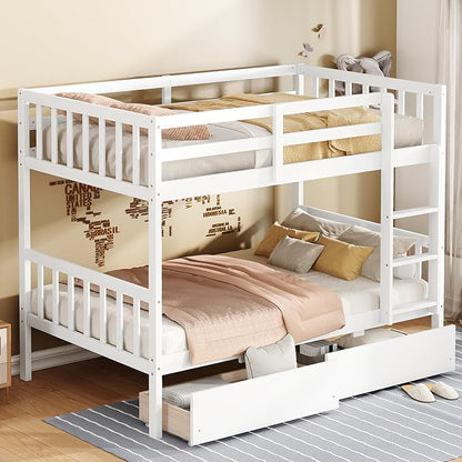 Harper & Bright Designs Twin Over Twin Bunk Bed with 2 Drawers, Convertible into 2 Twin Beds, Twin Bunk Bed with Ladder and Safety Guardrails, White