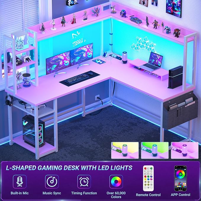 Aheaplus L Shaped Desk with Power Outlet, L Shaped Gaming Desk with Led Light & Hutch, Reversible Home Office Desk, Corner Computer Desk with Monitor Stand & Storage Shelves, Pink