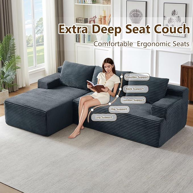 96.1" Modular Sectional Sofa Couches L-Shape Couch 3 Seat Modular Sofa Corduroy Memory Foam Sectional Boneless Couches for Living Room, Cloud Couch with Oversized Chaise(Dark Gray, Left Facing)
