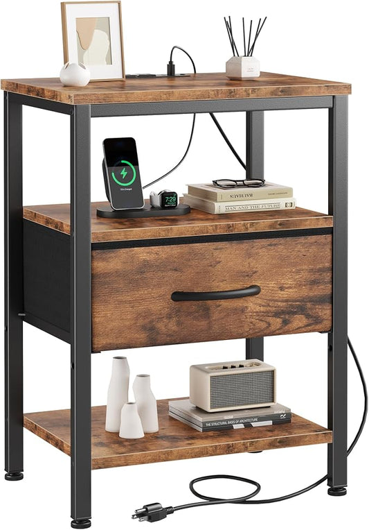 DUMOS Bedside Table with Charging Station and an Adjustable Fabric Drawer, and it is a Compact Nightstand, as Well as a 3-Tier Storage Organizer and an End Table for Bedroom, Brown