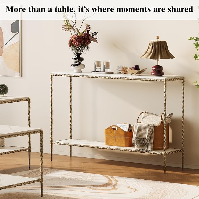 Antique Console Table with Faux Marble Wood Top, 47" Narrow Entryway Table with 2-Tier Open Storage Shelves, Modern Slim Sofa Table with Antique Brass Finish for Hallway, Living Room