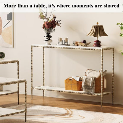 Antique Console Table with Faux Marble Wood Top, 47" Narrow Entryway Table with 2-Tier Open Storage Shelves, Modern Slim Sofa Table with Antique Brass Finish for Hallway, Living Room