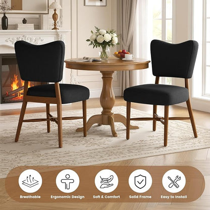Farmhouse Dining Chairs Set of 2, Linen Seat, Wood Legs, Black | Mid Century Modern, Upholstered Padded Cushion, Solid Wood Cross-Brace, Easy 15-Min Assembly, Kitchen Dining Room