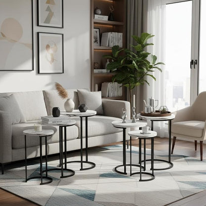Lavish Home Nesting Tables - Set of 6 Space-Saving Round Side Tables with Faux Marble Tops – Modern Apartment Furniture Accent & End Table Set for Living Room, Bedroom, or Home Office (White)