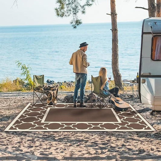 GENIMO Outdoor Rug 8' x 10' Patio Waterproof, Foldable Reversible Plastic Straw Area Rugs Mat for Camper Decor, Outside Carpet for Rv, Deck, Porch, Picnic, Beach, Balcony, Coffee & Beige