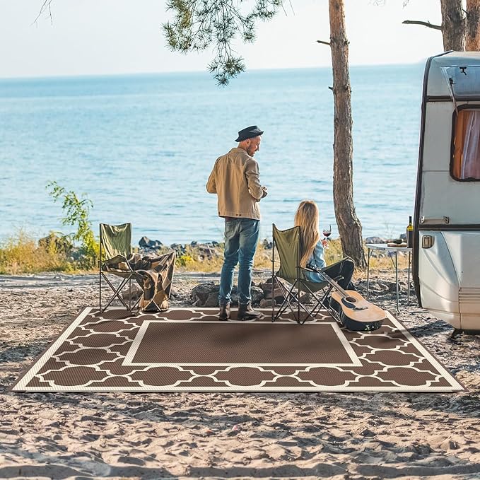 GENIMO 9' x 12' Outdoor Rug Waterproof for Patio Decor, Foldable Reversible Plastic Straw Area Rugs Mat for Camper, Outside Carpet for Rv, Deck, Porch, Picnic, Beach, Balcony, Coffee & Beige