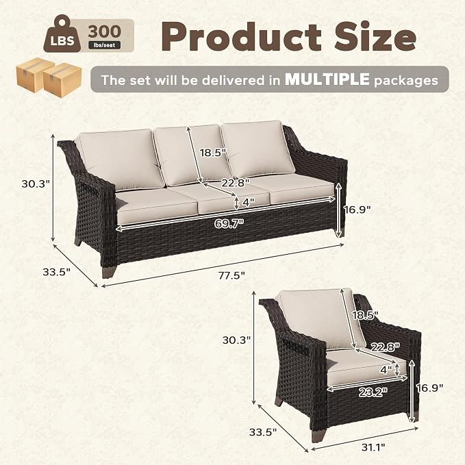 5 Pieces Patio Conversation Furniture Set - 1 Sofa, 4 Armchairs, Outdoor Wicker Furniture with Removable Cushions for Porch, Balcony, Sunroom (Beige)