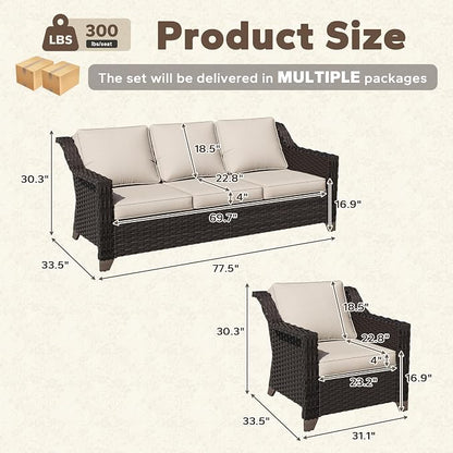 5 Pieces Patio Conversation Furniture Set - 1 Sofa, 4 Armchairs, Outdoor Wicker Furniture with Removable Cushions for Porch, Balcony, Sunroom (Beige)