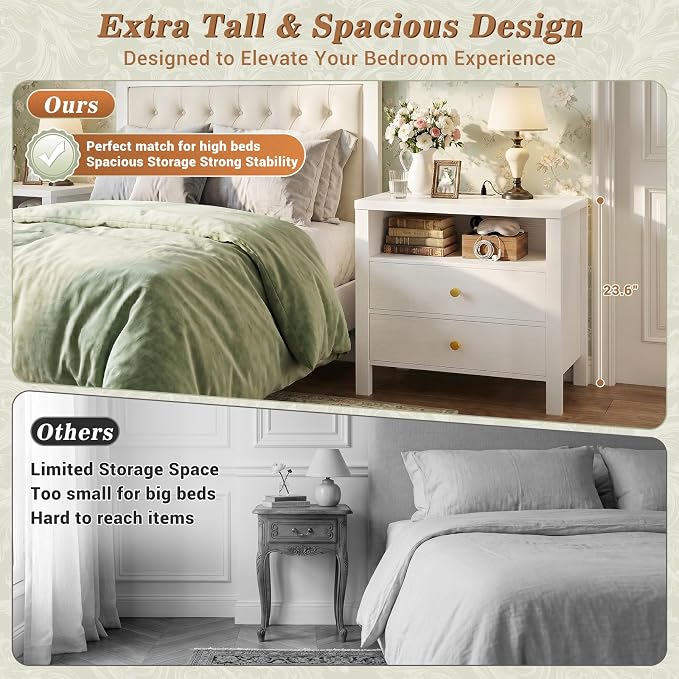Aheaplus Nightstand with Charging Station, 23.6'' Large Bed Side Table with Wooden 2 Drawers, Night Stand for Bedroom, End Table with Open Storage Shelf for Living Room, Set of 2, White
