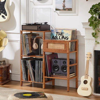 LELELINKY Record Player Stand, Brown Wood Record Holder with Vinyl Storage Holds up to 300+ Albums, 3-Tier Rattan Media Table with Vinyl Display Shelf, Record Storage Cabinet for Living Room