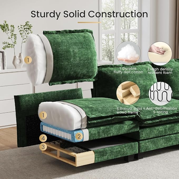 KKL 89 Inch Modular Sectional Sofa, 2 Sets of Loveseat Cloud Couches with Deep Seat, Chenille Sectional Couches for Living Room, Apartment, Green