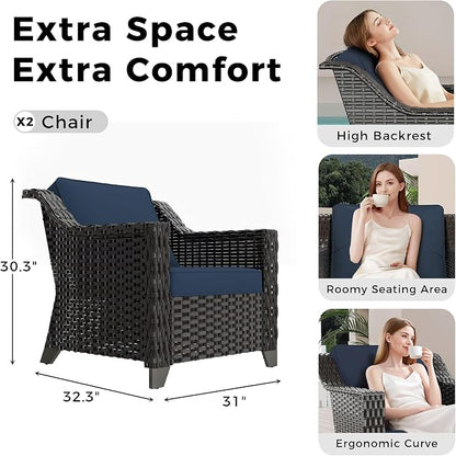 Patio 2 Pieces Wicker Chairs Set of 2，Outdoor PE Rattan Armchairs, Water-Resistant Cushions with Removable and Washable Covers, Porch, Balcony, Sunroom (Navy Blue)