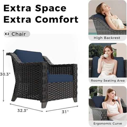 Patio 2 Pieces Wicker Chairs Set of 2，Outdoor PE Rattan Armchairs, Water-Resistant Cushions with Removable and Washable Covers, Porch, Balcony, Sunroom (Navy Blue)