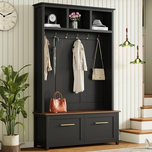 Merax 4-in-1 Hall Tree with Bench, Modern Versatile Multiple Storage Space with 6 Golden Hooks, 2 Drawers, Entryway Coat Rack for Living Room, Hallway, Black