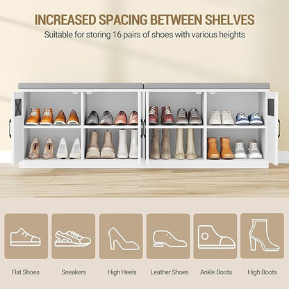 Hzuaneri 2 Tier Shoe Storage Bench with Doors, 59" Farmhouse Shoe Bench with Padded Cushion, 12-16 Pairs of Bed End Bench, Entryway Bench with Storage for Bedroom, Living Room, White SB61503X