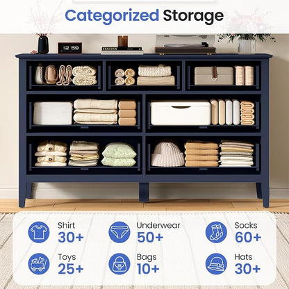 RoyalCraft 7 Drawer Dresser for Bedroom, 53" Wide Modern Wooden Chest of Drawers with Metal Handles, Painted Surface, Sturdy and Stable Storage Cabinet for Living Room, Blue