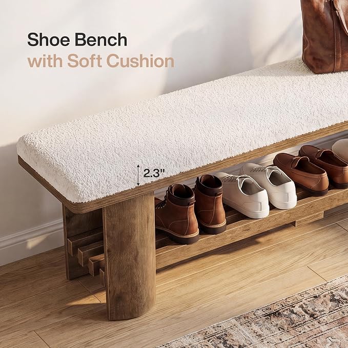 Tribesigns Entryway Bench with Storage, 62.9-Inch Wooden Upholstered Shoe Bench with Faux Lamb Wool Cushion and Shoe Rack for Living Room Hallway