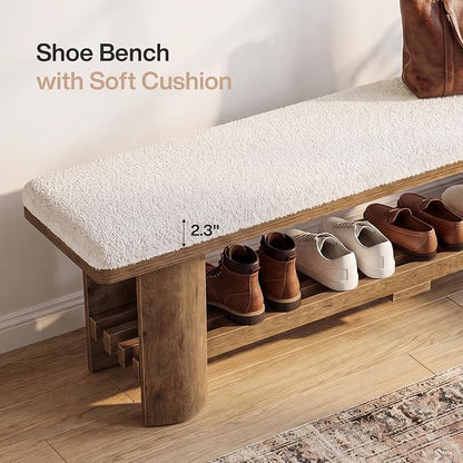 Tribesigns Entryway Bench with Storage, 62.9-Inch Wooden Upholstered Shoe Bench with Faux Lamb Wool Cushion and Shoe Rack for Living Room Hallway