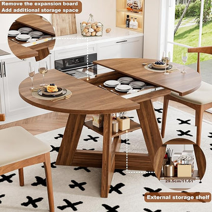 43.3in-59in Extendable Dining Table for 4-6, Round Kitchen Dining Room Table with Removable Leaves Space Saving, Space Saving, Wooden Cross Base with Storage Shelf for Kitchen Living Room (Walnut)