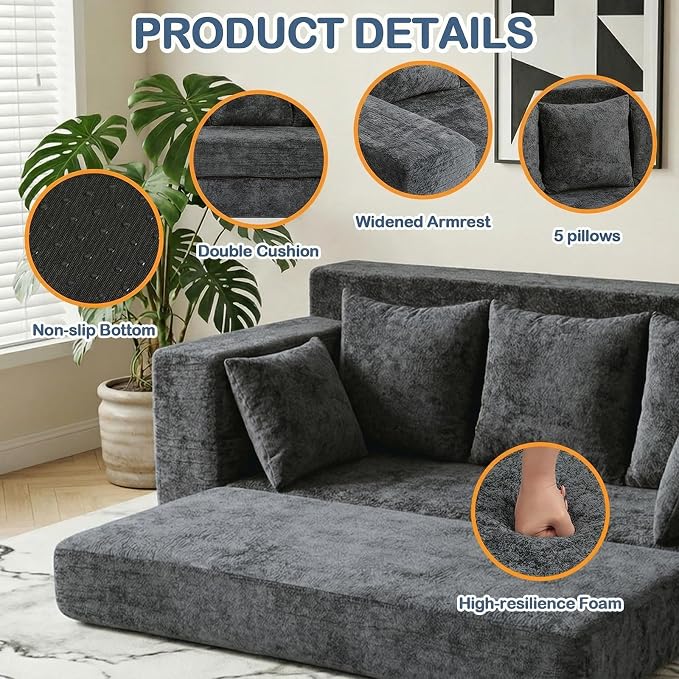 Boneless Couches 70", 3 Seater Boneless Couch with Pull Out Sofa Bed, Gray Boneless Couch with 5 Pillows, Plush Velvet Sofa for Living Room & Bedroom